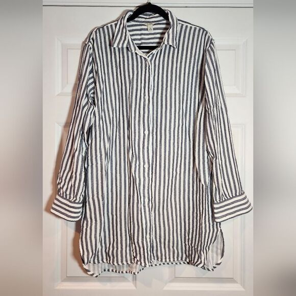 L.L.Bean Gray And White Striped Cotton Button Down Long Sleeve Shirt Dress L - Picture 1 of 5